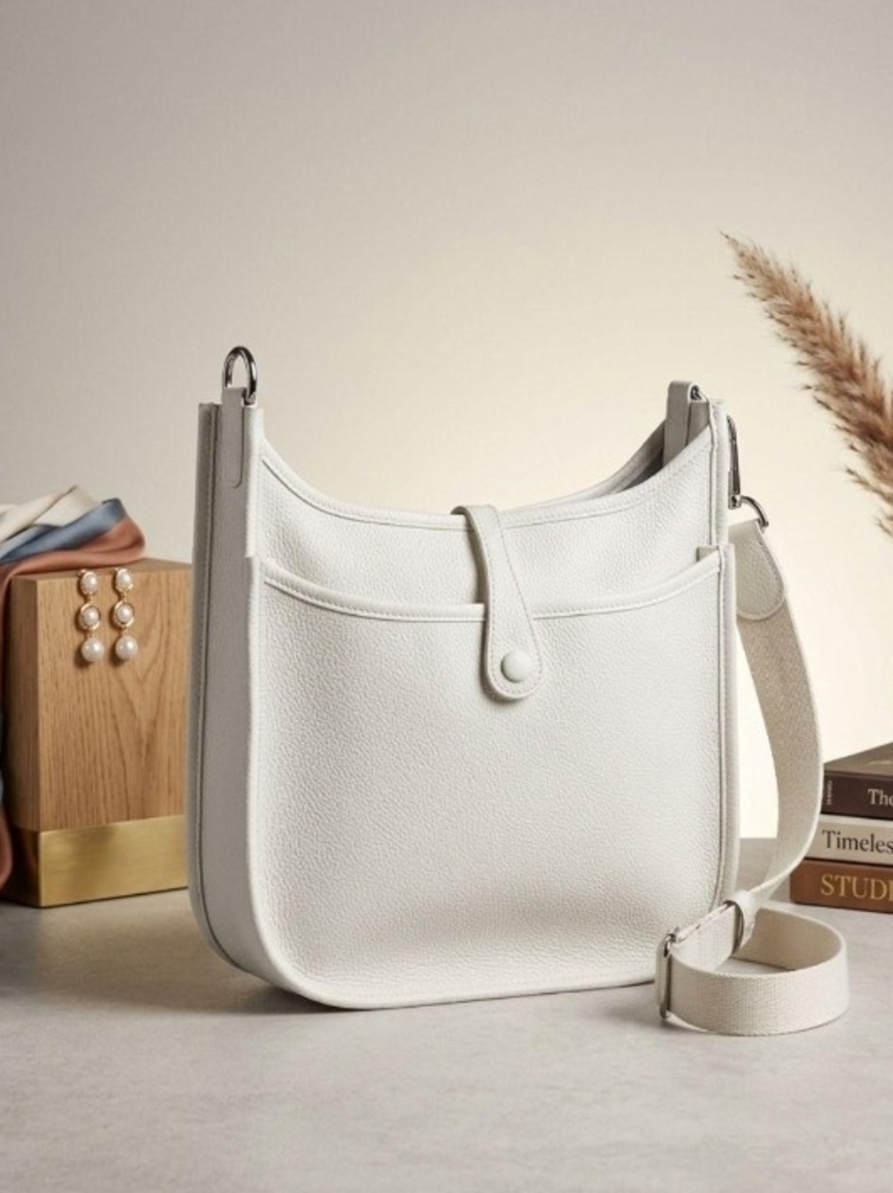 Minimal White Leather Shoulder Bag with Adjustable Strap